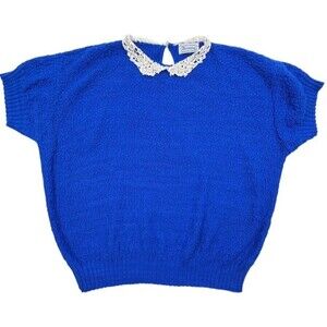 VTG 80s Brunny Nubby Knit Sweater Lace Peter Pan Collar Made in USA Coquette XL